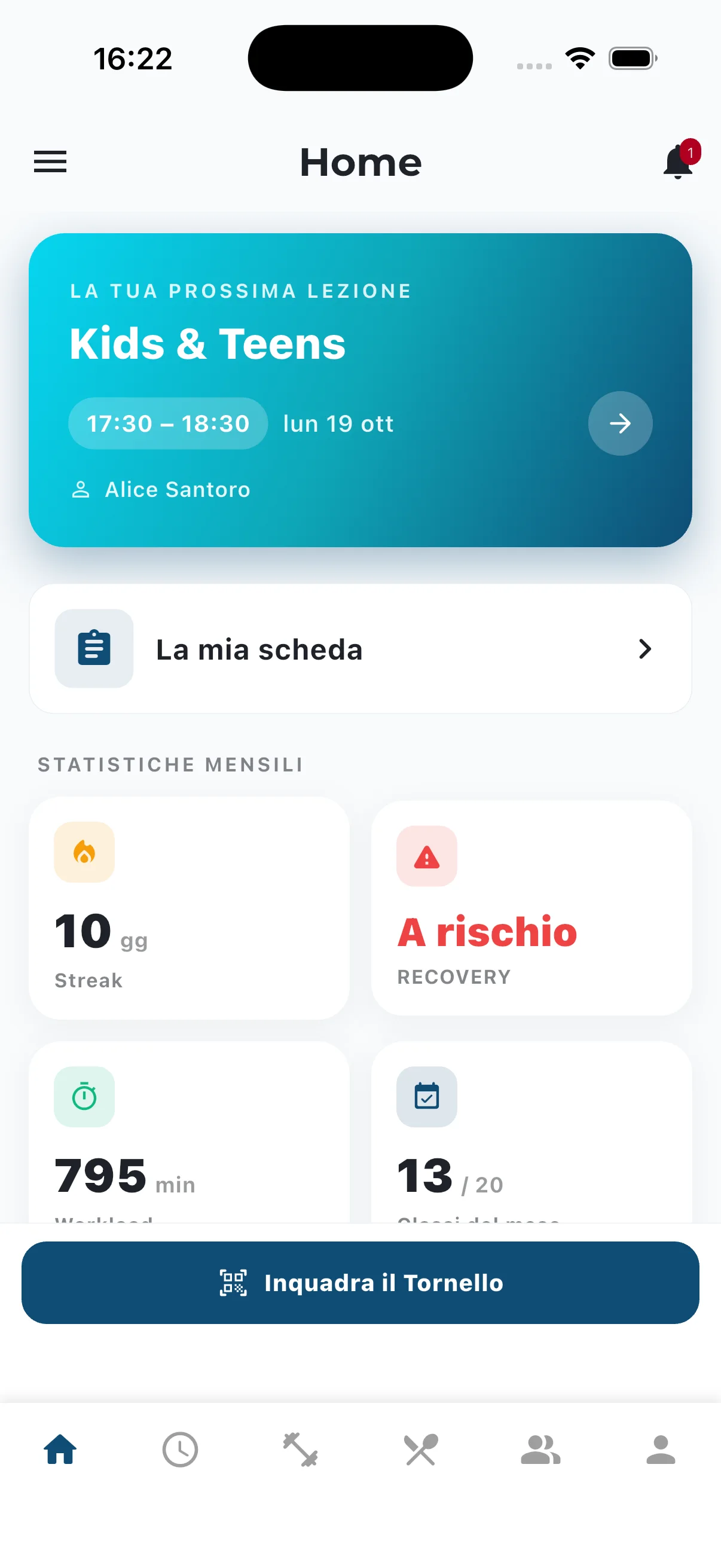 App atleta: sezione nutrizione con aderenza e obiettivi giornalieri
