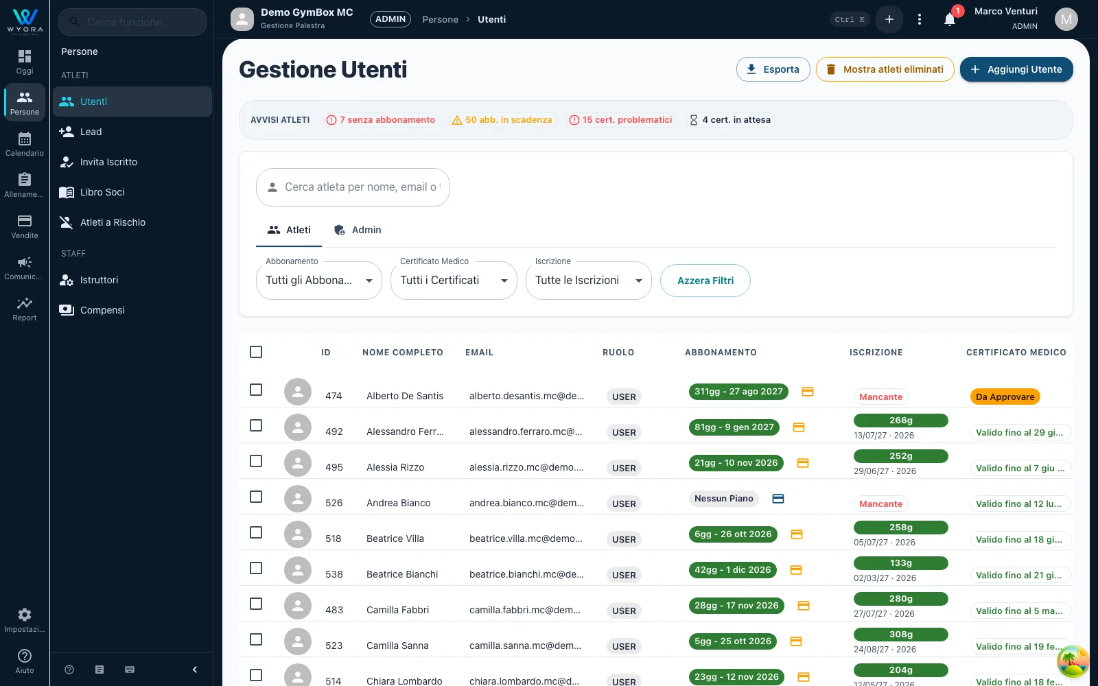 Gestione utenti con drawer atleta: documenti e certificati