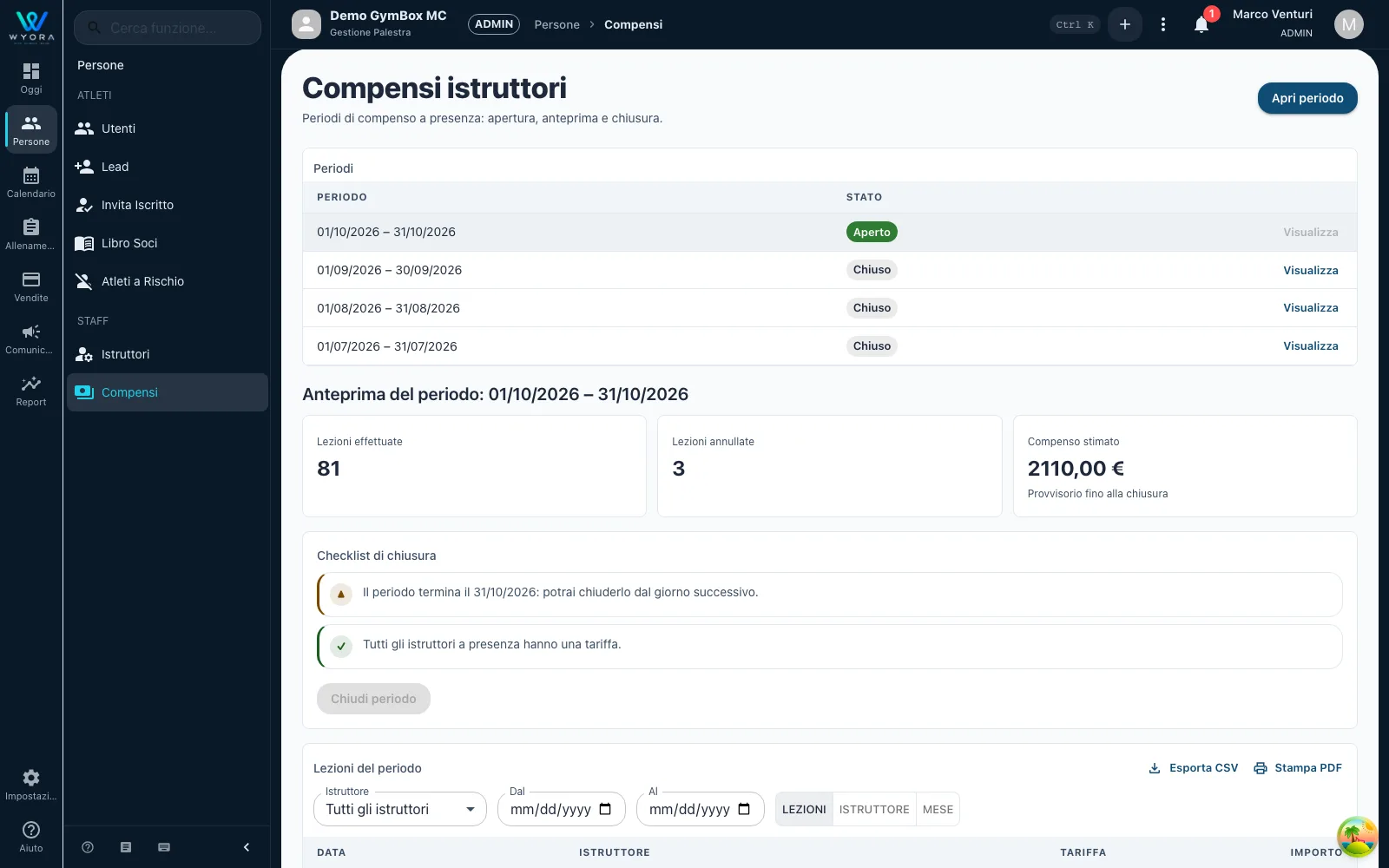 Pagina Compensi con periodo di compenso, totali per istruttore e stato del periodo