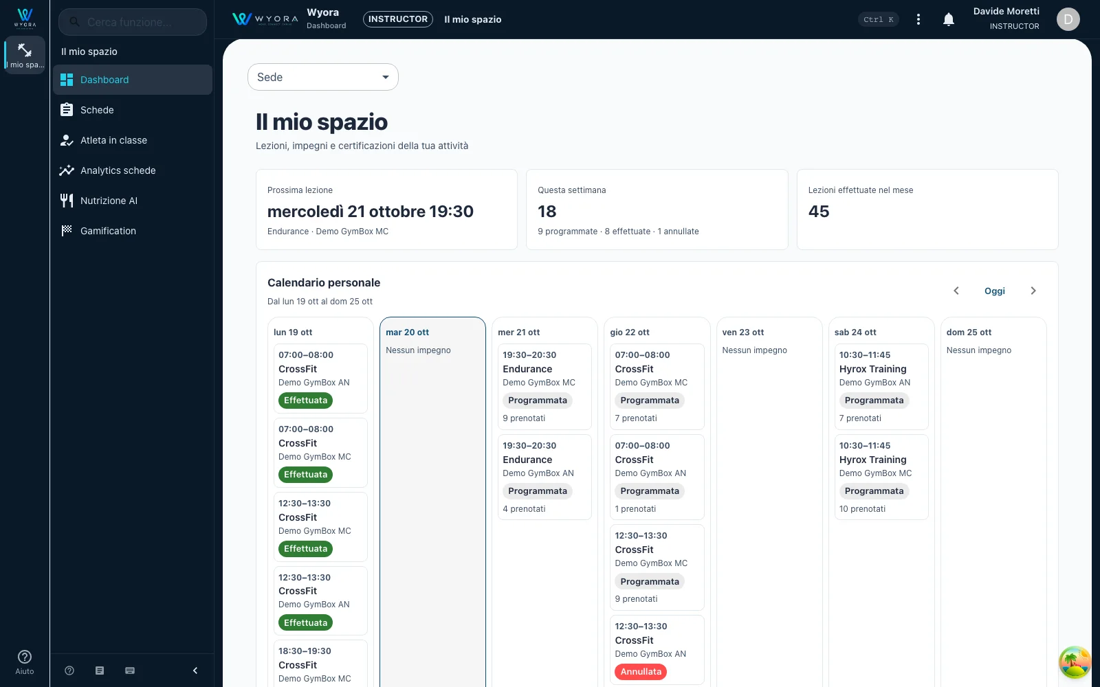 Dashboard istruttore con prossima lezione, KPI e calendario settimanale degli impegni