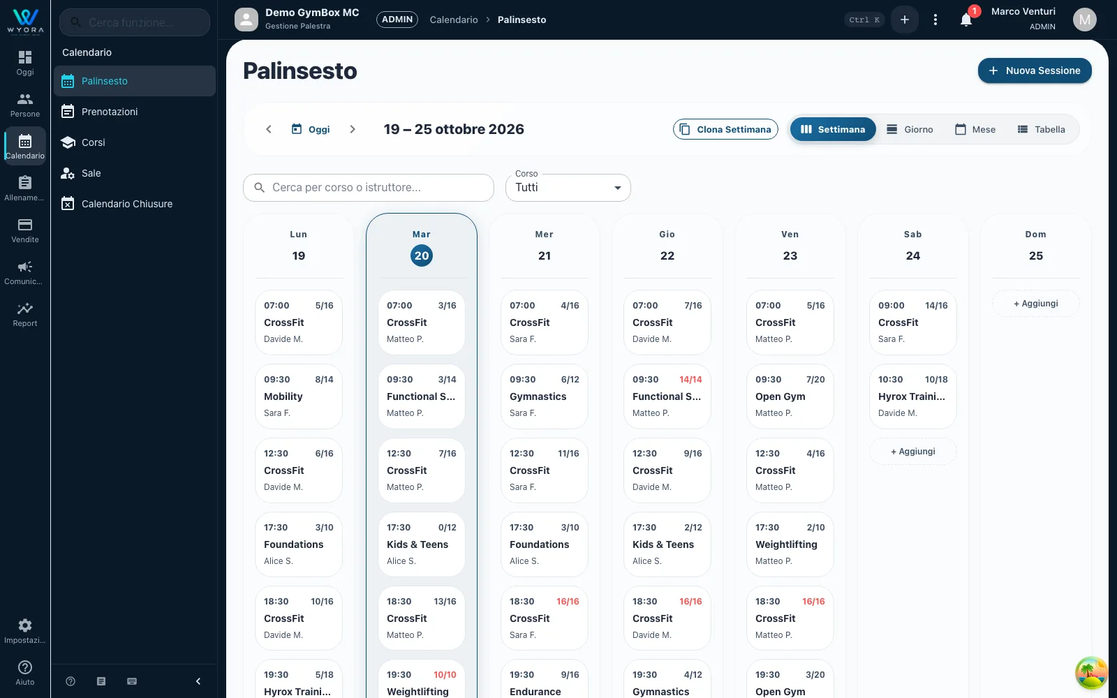 Palinsesto settimanale con sessioni, istruttori e capienze