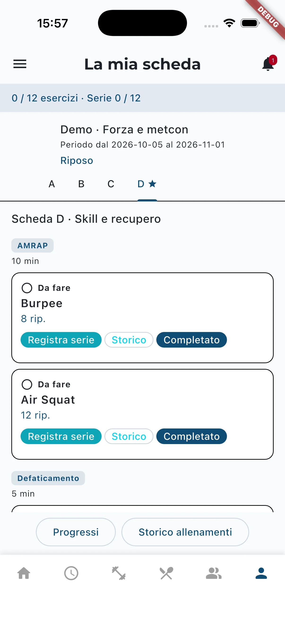 App atleta: allenamento di oggi con serie spuntate