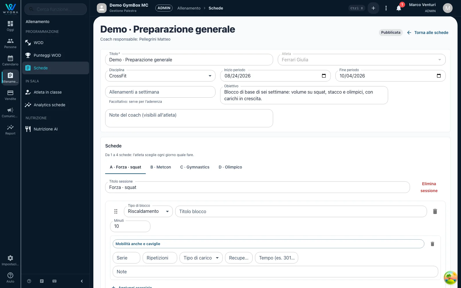 Editor della scheda di allenamento nel gestionale: blocchi ed esercizi