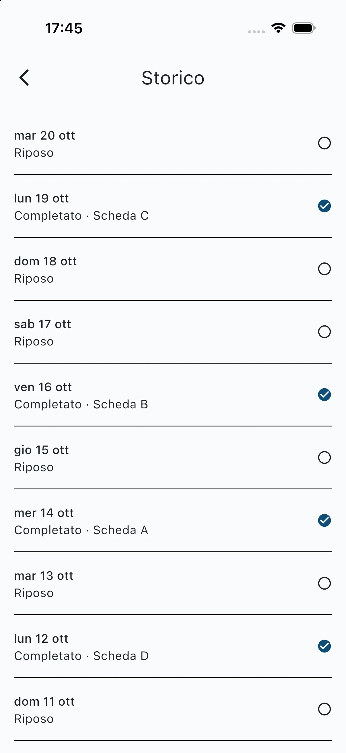 App atleta: storico allenamenti con un giorno per riga, completato o riposo
