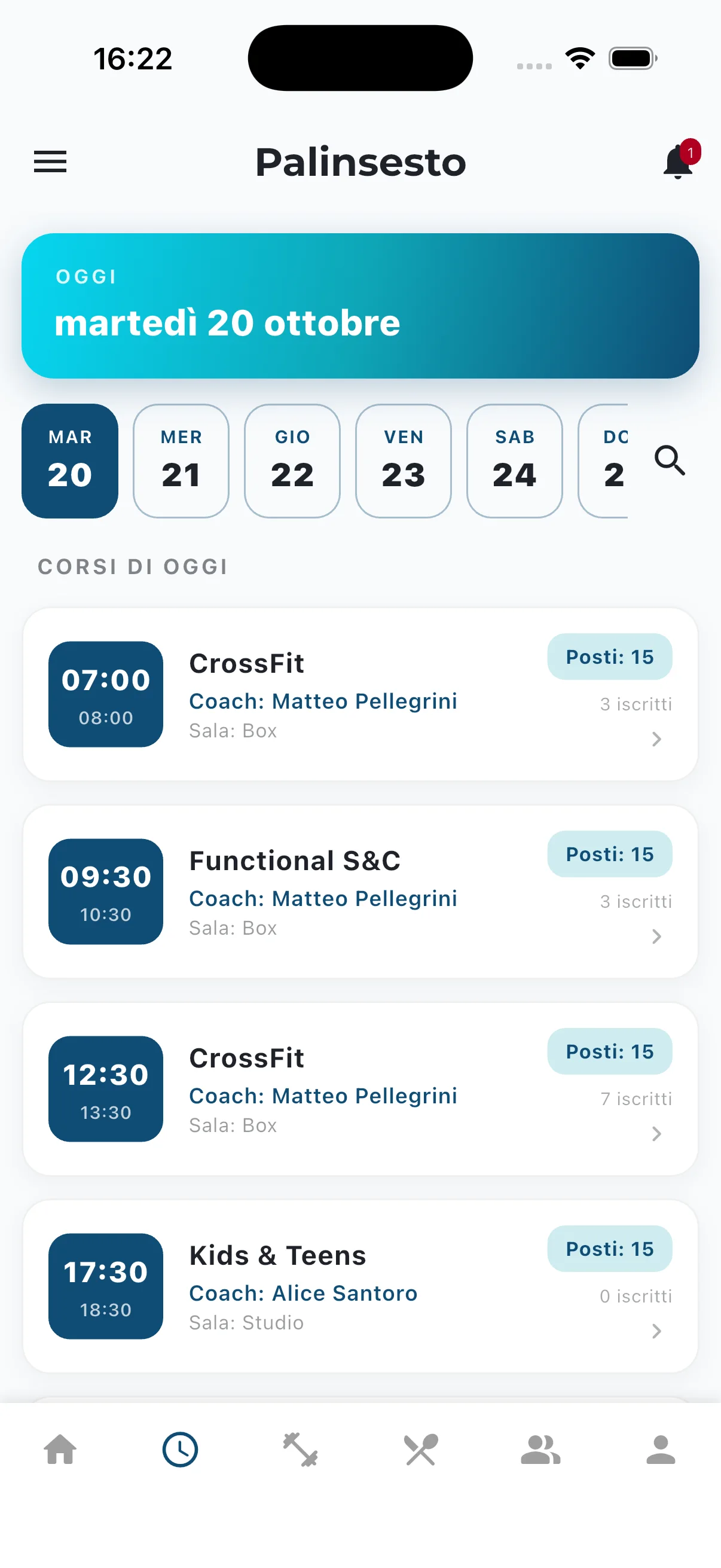 App atleta: palinsesto del giorno con prenotazione