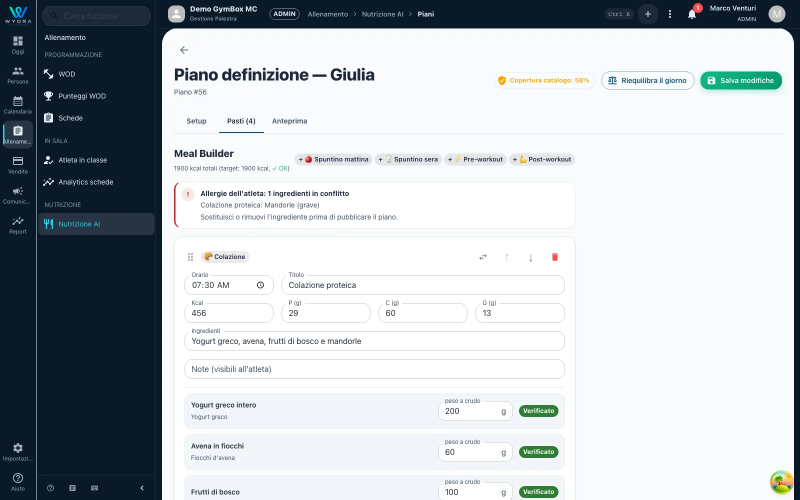Anteprima del piano nutrizionale con target giornaliero e distribuzione macro